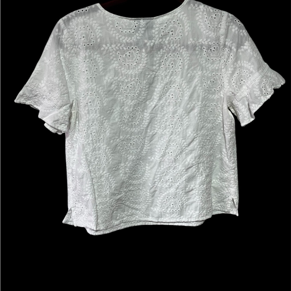 LIZ CLAIBORNE CAREER PETITE CROP TOP WOMEN P/L WHITE EYELET FEMININE DELICATE - Picture 2 of 9